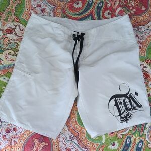 Fox Men’s White Board Shorts with Black Logo and Drawstring